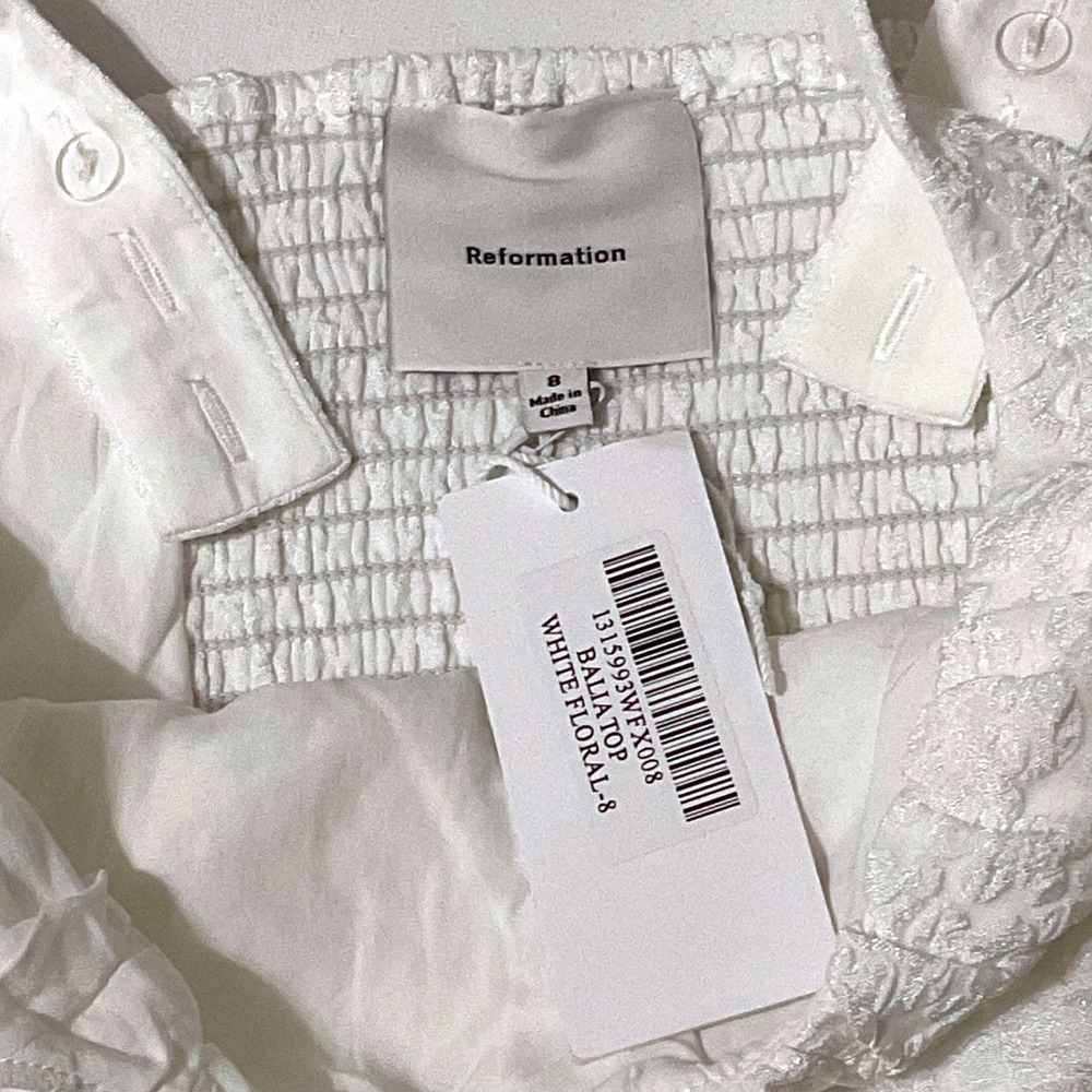 REFORMATION BALIA TOP white floral tank women's blouse bow 8 medium smocked NWT - Picture 6 of 14
